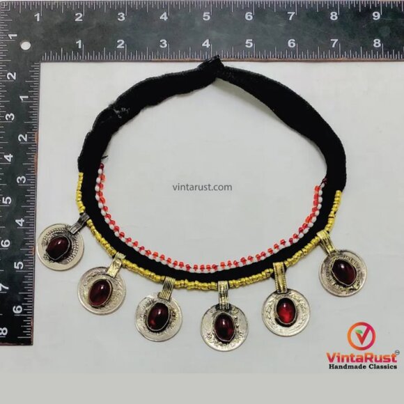 Tribal Glass Stone Embedded Coins Necklace: Statement Kuchi Handmade Choker - Picture 6 of 7